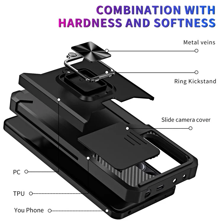For Xiaomi Redmi Note 14 4G (163.25mm) / Note 14 5G Case Kickstand Slide Lens Lid PC + TPU Phone Cover with Card Slot - Black