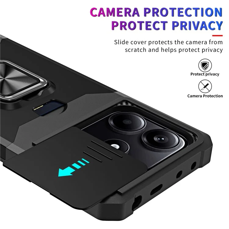For Xiaomi Redmi Note 14 4G (163.25mm) / Note 14 5G Case Kickstand Slide Lens Lid PC + TPU Phone Cover with Card Slot - Black