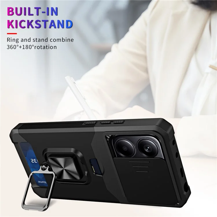 For Xiaomi Redmi Note 14 4G (163.25mm) / Note 14 5G Case Kickstand Slide Lens Lid PC + TPU Phone Cover with Card Slot - Black