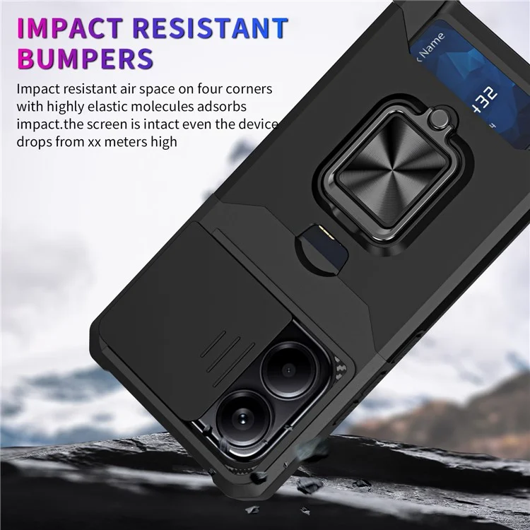 For Xiaomi Redmi Note 14 4G (163.25mm) / Note 14 5G Case Kickstand Slide Lens Lid PC + TPU Phone Cover with Card Slot - Black