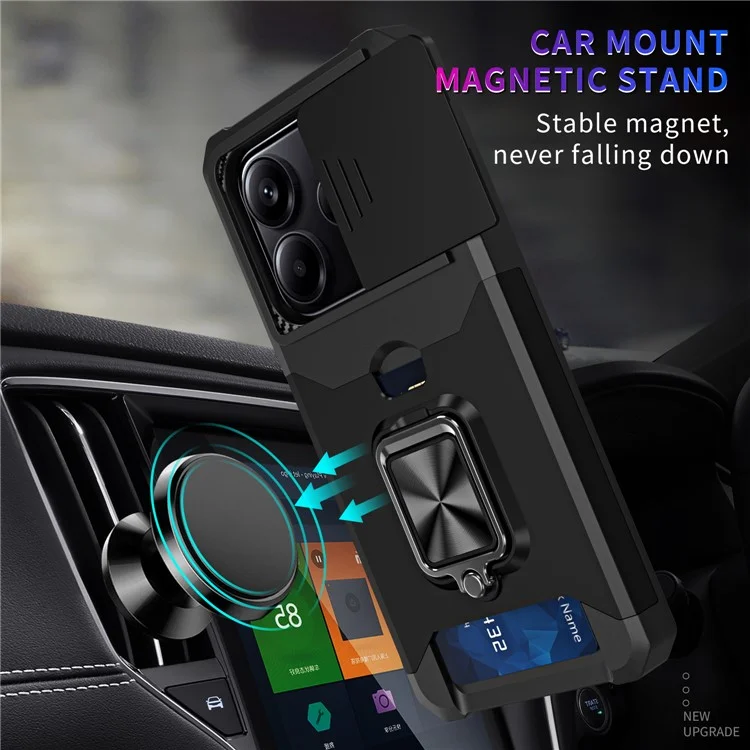 For Xiaomi Redmi Note 14 4G (163.25mm) / Note 14 5G Case Kickstand Slide Lens Lid PC + TPU Phone Cover with Card Slot - Black