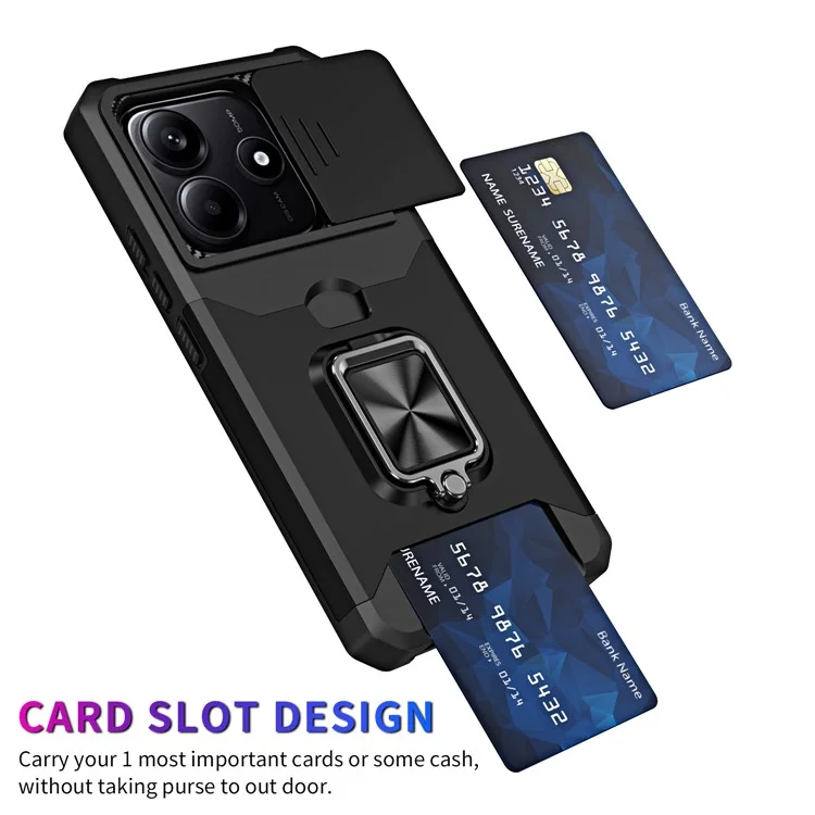 For Xiaomi Redmi Note 14 4G (163.25mm) / Note 14 5G Case Kickstand Slide Lens Lid PC + TPU Phone Cover with Card Slot - Black