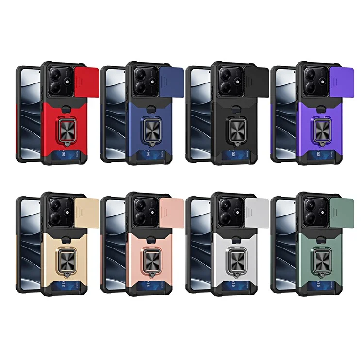 For Xiaomi Redmi Note 14 4G (163.25mm) / Note 14 5G Case Kickstand Slide Lens Lid PC + TPU Phone Cover with Card Slot - Black