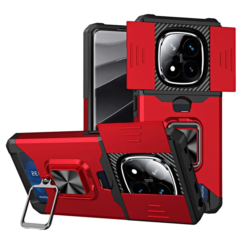 Phone Case For Xiaomi Redmi Note 14 Pro 4G / 5G / Note 14 Pro+ 5G Kickstand Slide Lens Lid PC + TPU Cover with Card Slot - Red