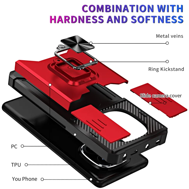 Phone Case For Xiaomi Redmi Note 14 Pro 4G / 5G / Note 14 Pro+ 5G Kickstand Slide Lens Lid PC + TPU Cover with Card Slot - Red