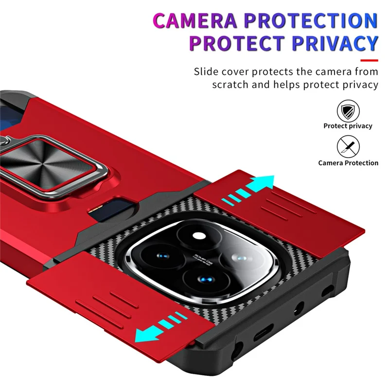 Phone Case For Xiaomi Redmi Note 14 Pro 4G / 5G / Note 14 Pro+ 5G Kickstand Slide Lens Lid PC + TPU Cover with Card Slot - Red