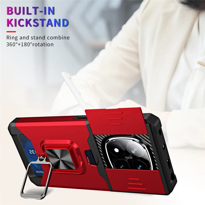 Phone Case For Xiaomi Redmi Note 14 Pro 4G / 5G / Note 14 Pro+ 5G Kickstand Slide Lens Lid PC + TPU Cover with Card Slot - Red