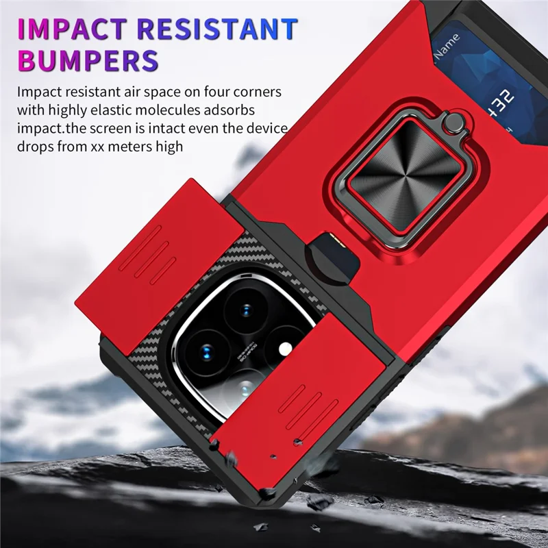 Phone Case For Xiaomi Redmi Note 14 Pro 4G / 5G / Note 14 Pro+ 5G Kickstand Slide Lens Lid PC + TPU Cover with Card Slot - Red
