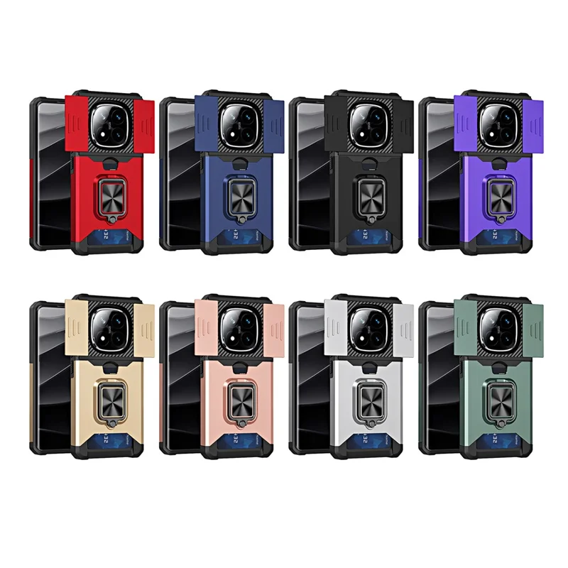 Phone Case For Xiaomi Redmi Note 14 Pro 4G / 5G / Note 14 Pro+ 5G Kickstand Slide Lens Lid PC + TPU Cover with Card Slot - Red