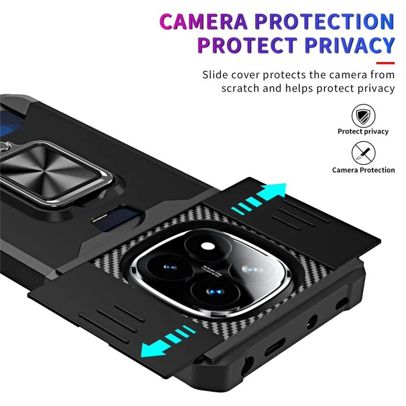 Étui de téléphone pour Xiaomi Redmi Note 14 Pro 4G / 5G / Note 14 Pro+ 5G Support Glissière Couvercle de lentille PC + Pochette TPU avec fente pour carte - Vert noirâtre