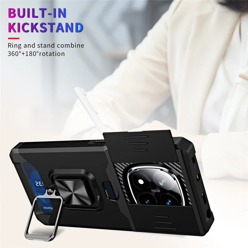 Étui de téléphone pour Xiaomi Redmi Note 14 Pro 4G / 5G / Note 14 Pro+ 5G Support Glissière Couvercle de lentille PC + Pochette TPU avec fente pour carte - Vert noirâtre