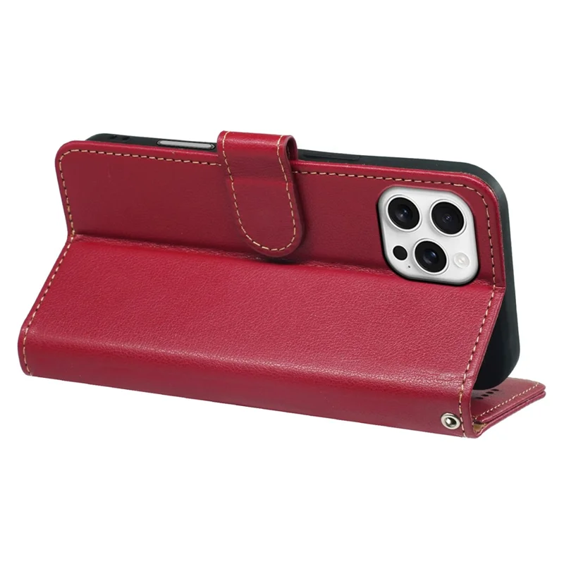 For iPhone 16 Pro Max Case RFID Blocking Wallet Litchi Texture Leather Phone Cover Magnetic Clasp - Red