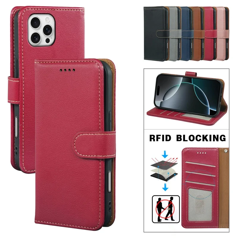 For iPhone 16 Pro Max Case RFID Blocking Wallet Litchi Texture Leather Phone Cover Magnetic Clasp - Red