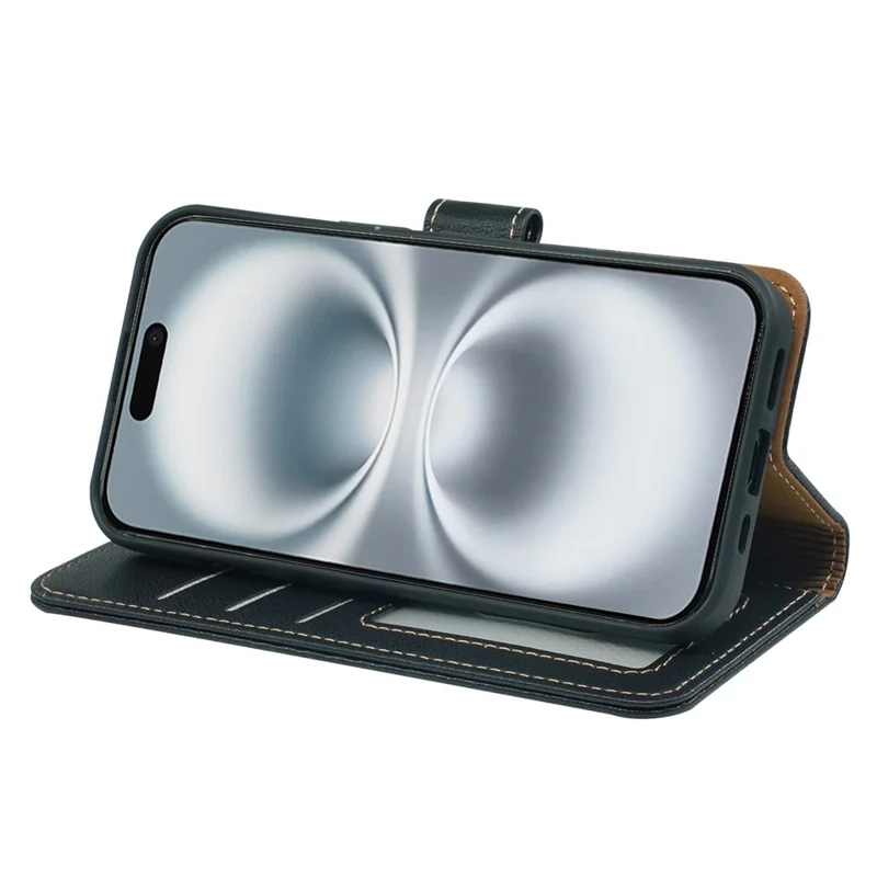 For iPhone 16 Case RFID Blocking Wallet Litchi Texture Leather Phone Cover Magnetic Clasp - Black