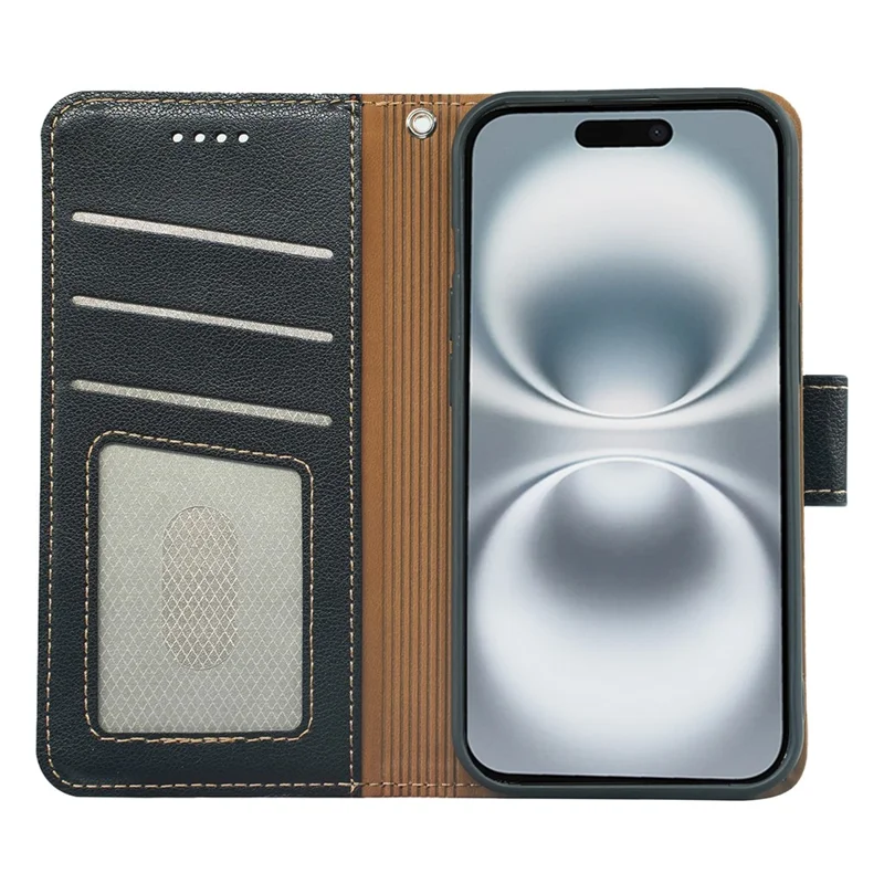 For iPhone 16 Case RFID Blocking Wallet Litchi Texture Leather Phone Cover Magnetic Clasp - Black