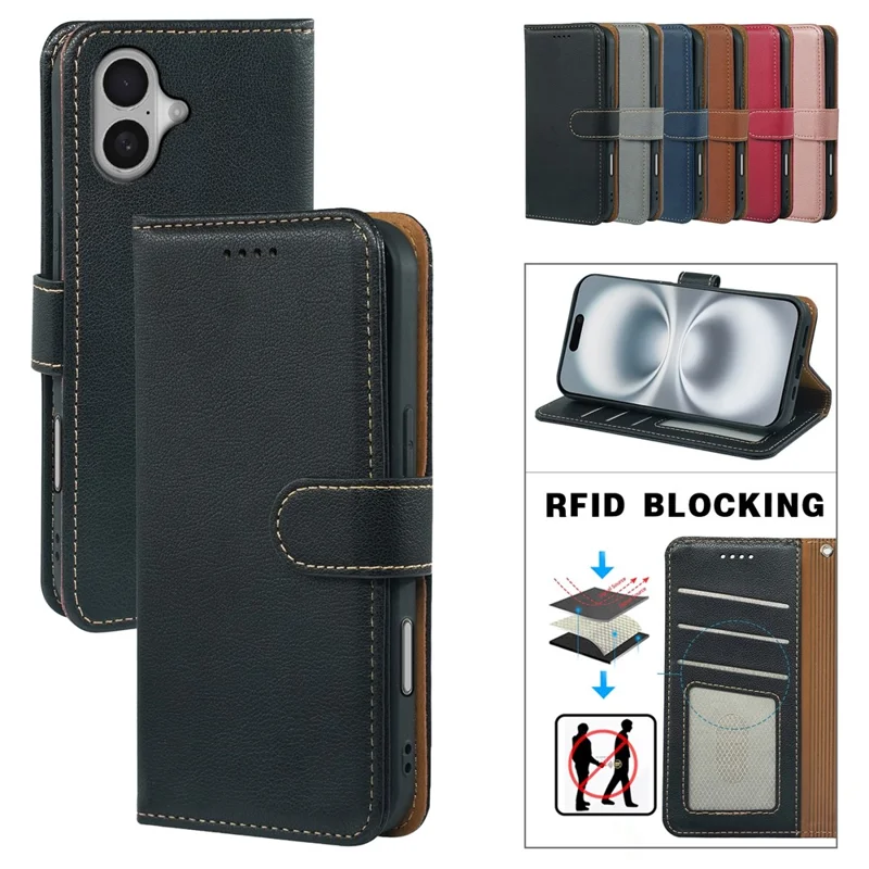 For iPhone 16 Case RFID Blocking Wallet Litchi Texture Leather Phone Cover Magnetic Clasp - Black