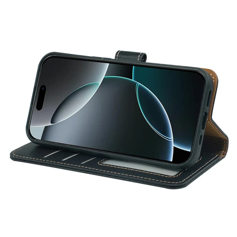 Pour iPhone 16 Pro Étui Portefeuille Bloquant RFID Texture de Cuir de Litchi Housse de Téléphone à Fermeture Magnétique - Noir