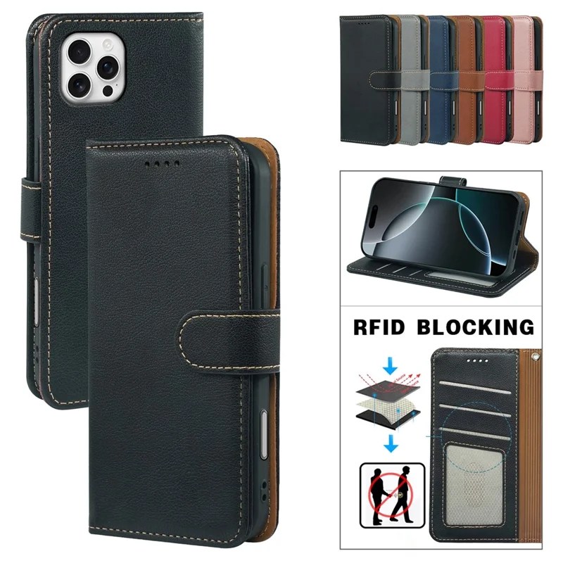 Pour iPhone 16 Pro Étui Portefeuille Bloquant RFID Texture de Cuir de Litchi Housse de Téléphone à Fermeture Magnétique - Noir