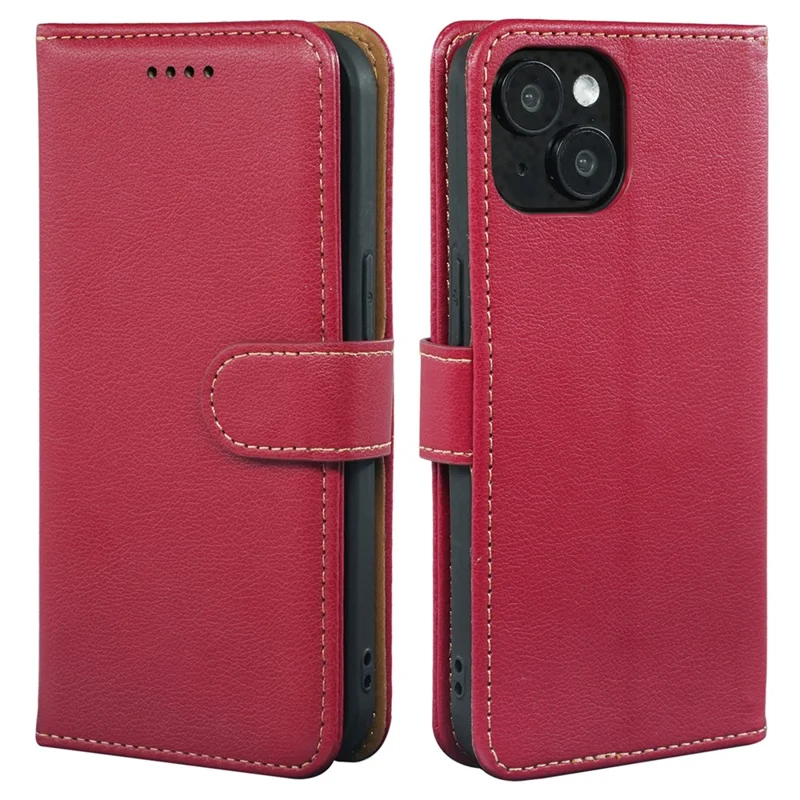 For iPhone 15 Case RFID Blocking Wallet Litchi Texture Leather Phone Cover Magnetic Clasp - Red