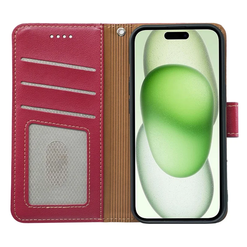 For iPhone 15 Case RFID Blocking Wallet Litchi Texture Leather Phone Cover Magnetic Clasp - Red