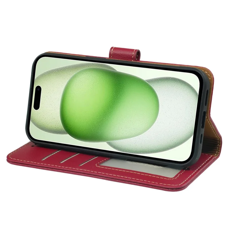 For iPhone 15 Case RFID Blocking Wallet Litchi Texture Leather Phone Cover Magnetic Clasp - Red