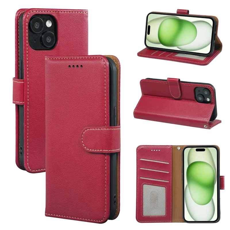 For iPhone 15 Case RFID Blocking Wallet Litchi Texture Leather Phone Cover Magnetic Clasp - Red