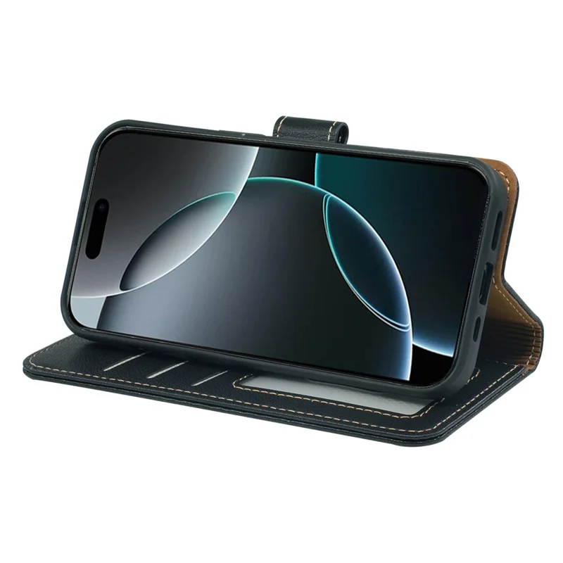 For iPhone 15 Pro Case RFID Blocking Wallet Litchi Texture Leather Phone Cover Magnetic Clasp - Black