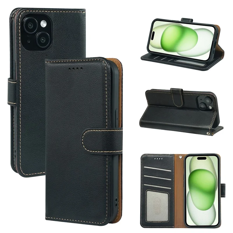 For iPhone 14 Case RFID Blocking Wallet Litchi Texture Leather Phone Cover Magnetic Clasp - Black