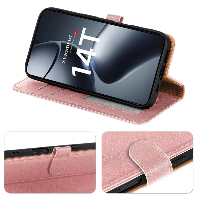 Cover per Xiaomi 14T Pro con Blocco RFID Portafoglio, Texture Effetto Pelle di Litchi, Chiusura Magnetica - Oro Rosa