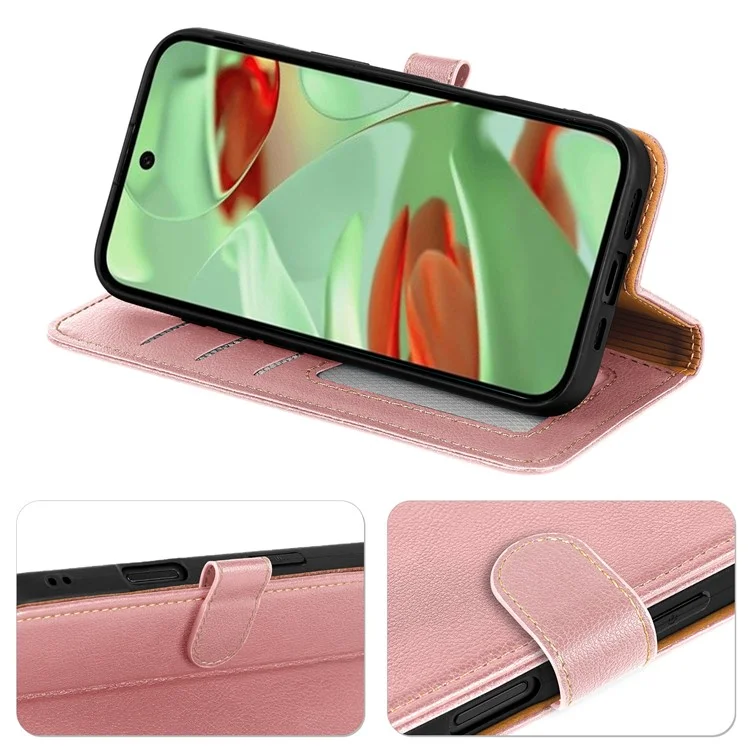 Leather Case For Google Pixel 10 Pro / Pixel 10 RFID Blocking Wallet Litchi Texture Phone Cover Magnetic Clasp - Rose Gold