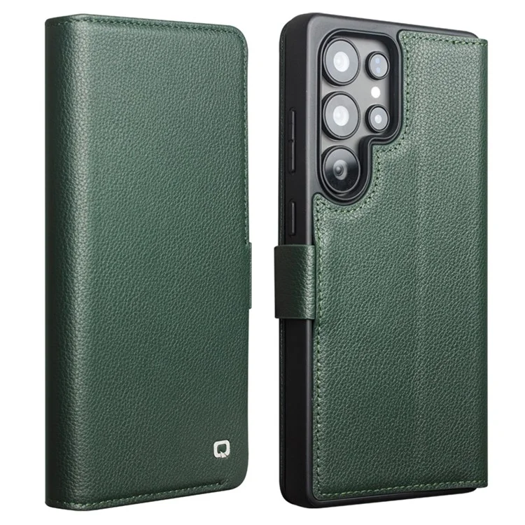 QIALINO Pour Samsung Galaxy S25 Ultra Étui Portefeuille en Cuir de Vache Véritable avec Support Rabattable - Vert