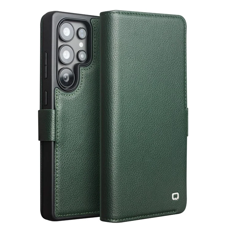 QIALINO Pour Samsung Galaxy S25 Ultra Étui Portefeuille en Cuir de Vache Véritable avec Support Rabattable - Vert
