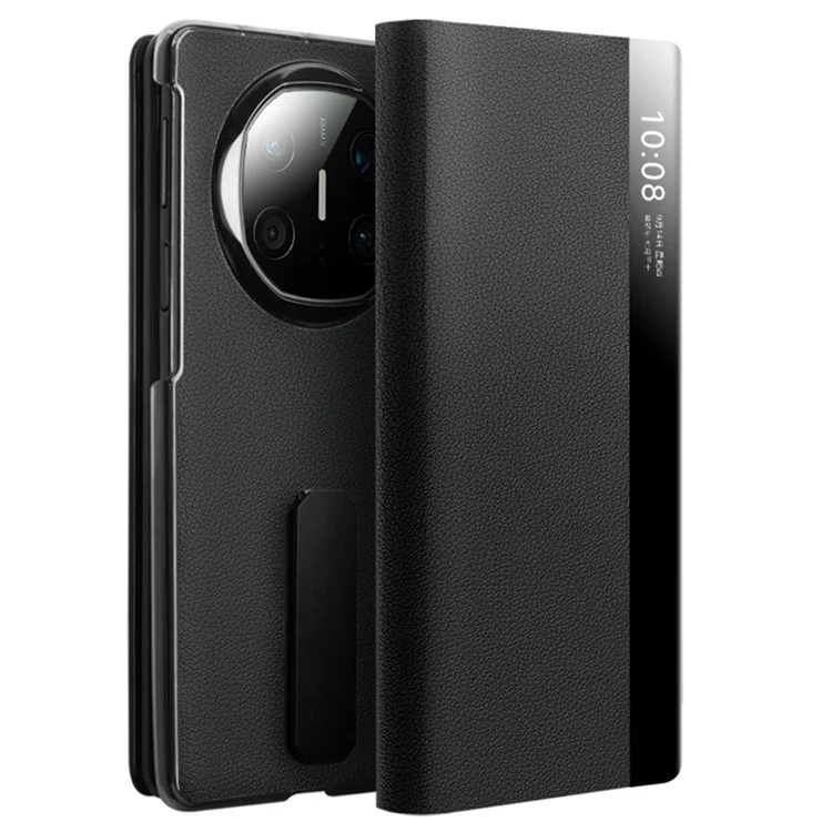 QIALINO Pour Huawei Mate X6 Étui en Cuir de Vache Véritable avec Support et Fenêtre d'Affichage - Noir