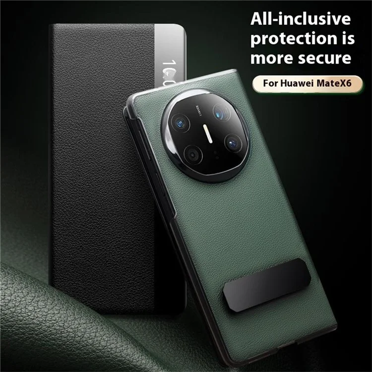 QIALINO Pour Huawei Mate X6 Étui en Cuir de Vache Véritable avec Support et Fenêtre d'Affichage - Noir