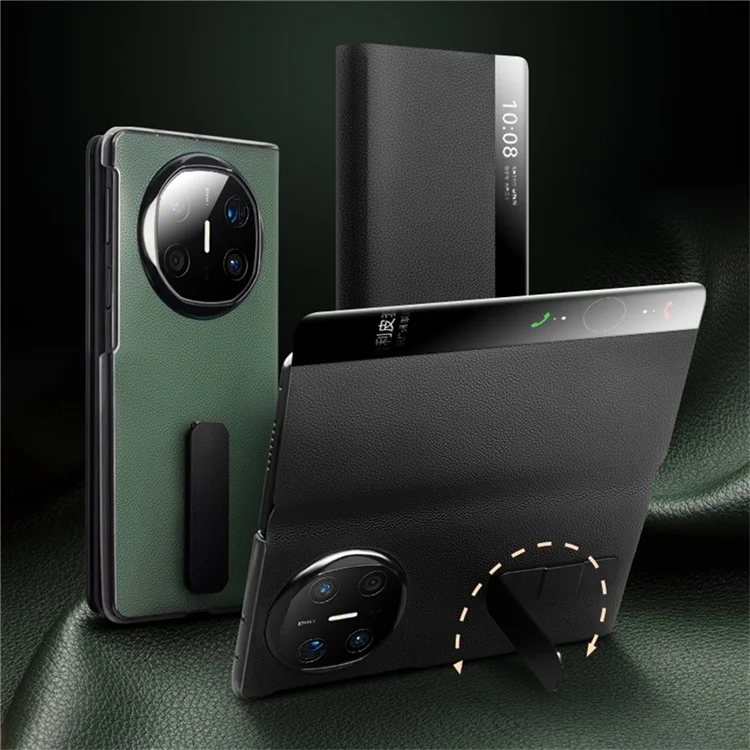 QIALINO Pour Huawei Mate X6 Étui en Cuir de Vache Véritable avec Support et Fenêtre d'Affichage - Noir