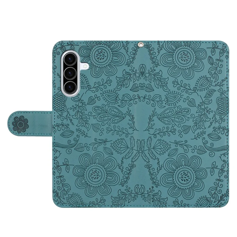 Capa para Samsung Galaxy A56 5G com Estampa Floral, Carteira de Couro Flip, Alça de Pulso - Verde Escuro