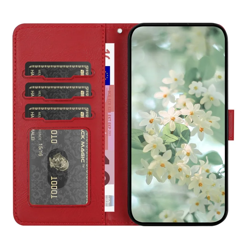 Capa de Couro com Estampa Floral e Alça de Pulso para Samsung Galaxy S25 Edge - Vermelho