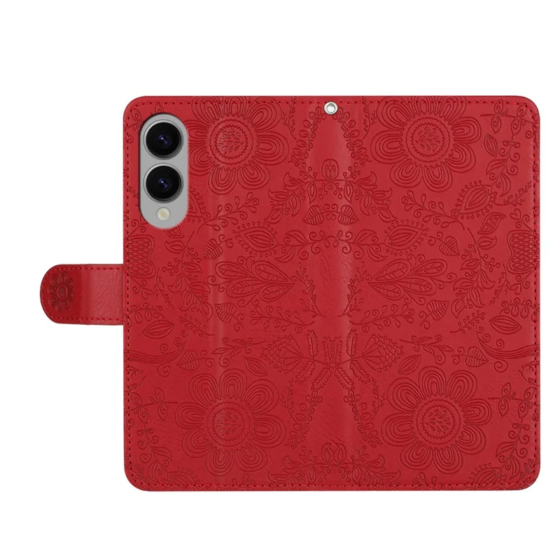 Capa de Couro com Estampa Floral e Alça de Pulso para Samsung Galaxy S25 Edge - Vermelho
