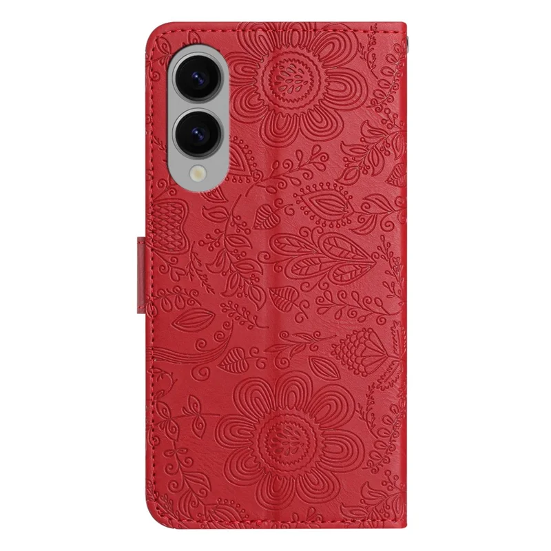 Capa de Couro com Estampa Floral e Alça de Pulso para Samsung Galaxy S25 Edge - Vermelho