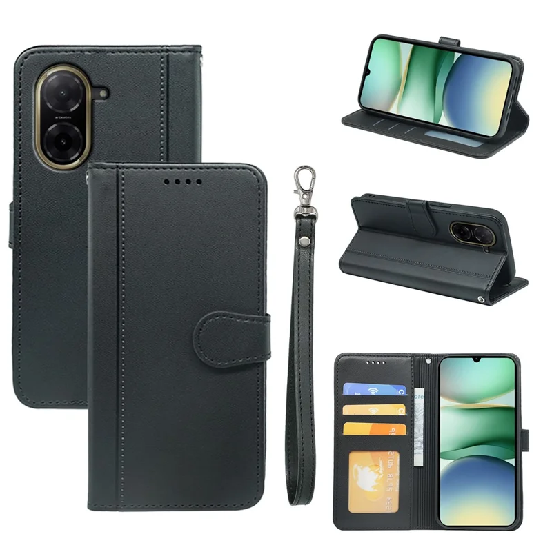 For Xiaomi Redmi A5 4G (171.7mm) / Poco C71 4G Wallet Case Magnetic Snap Leather Phone Cover with Strap - Black