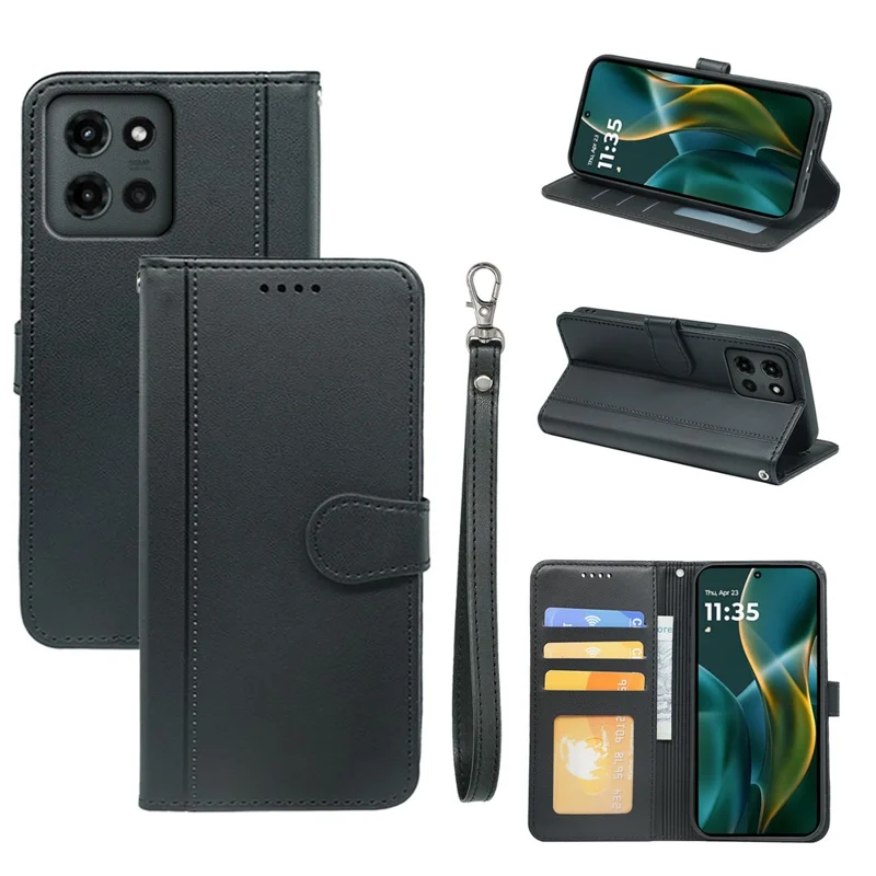 For Motorola Edge (2025) 5G Wallet Case Magnetic Snap Leather Phone Cover with Strap - Black