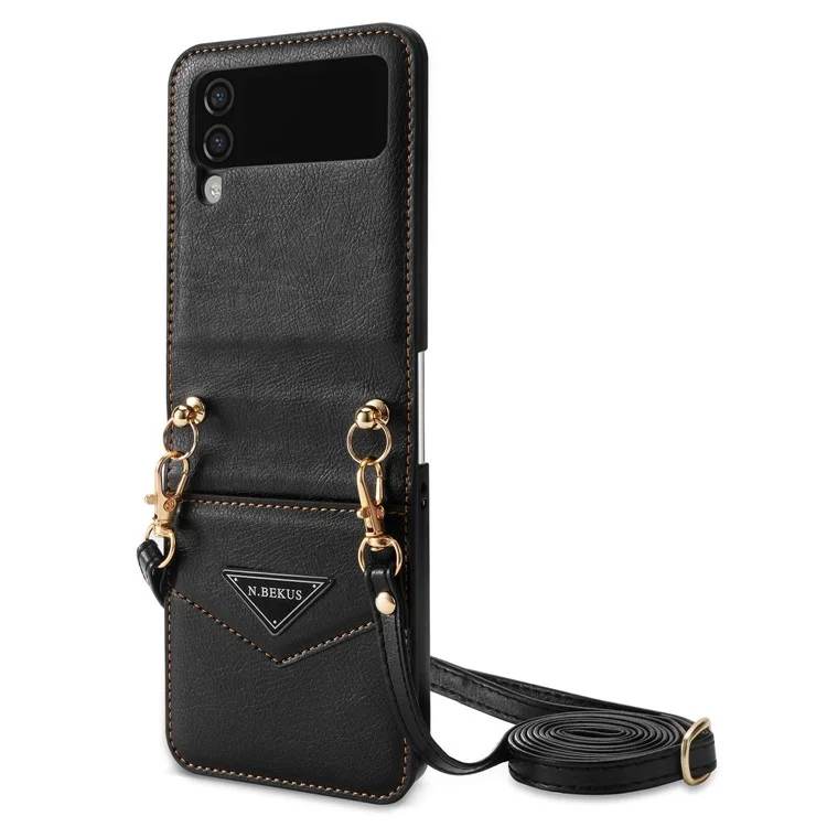 n. Bekus Anti-Drop Phone Case Для Samsung Galaxy Z Flip3 5G Shock-reseact Case Cute Leather Hard PC Phone Shell с Lanyard - Черный