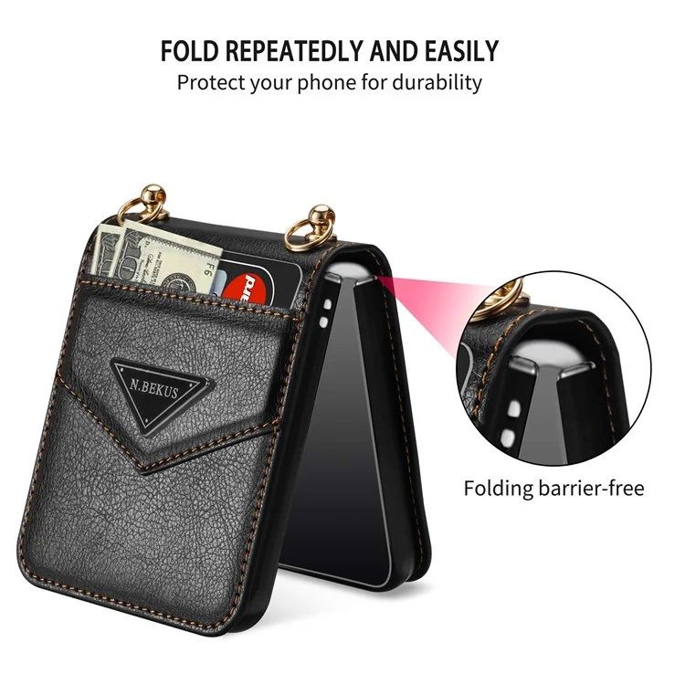 n. Bekus Anti-Drop Phone Case Для Samsung Galaxy Z Flip3 5G Shock-reseact Case Cute Leather Hard PC Phone Shell с Lanyard - Черный