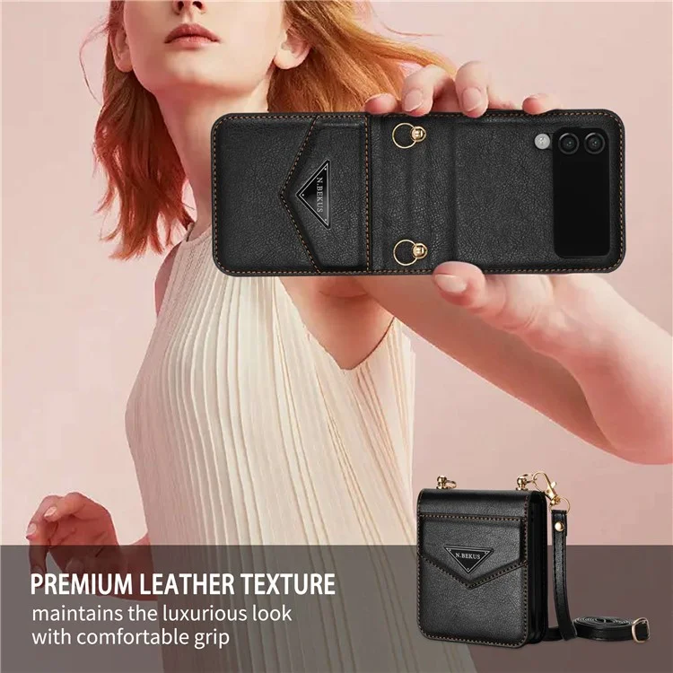 n. Bekus Anti-Drop Phone Case Для Samsung Galaxy Z Flip3 5G Shock-reseact Case Cute Leather Hard PC Phone Shell с Lanyard - Черный