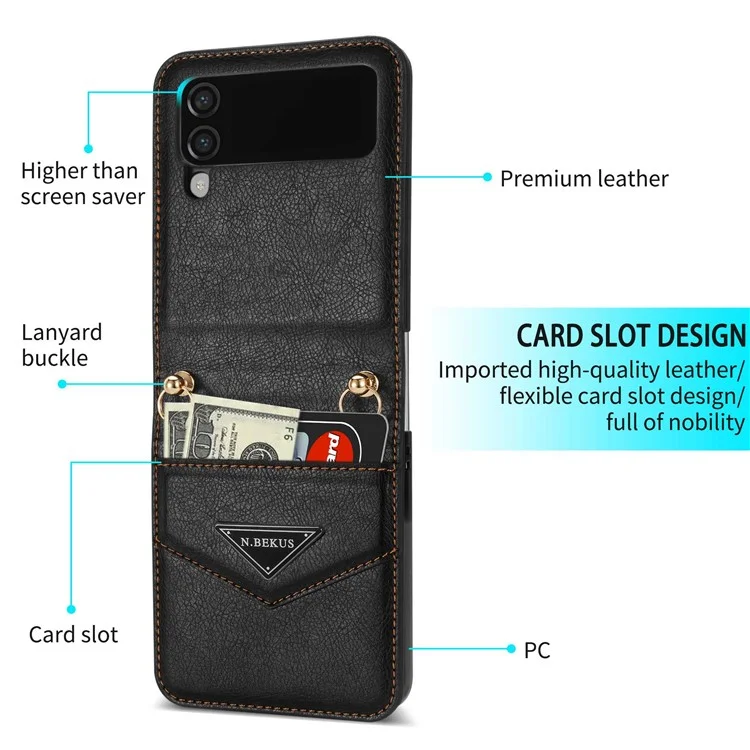 N.BEKUS Handyhülle für Samsung Galaxy Z Flip4 5G, stoßfest, Schutzhülle aus PU-Leder und Hartplastik mit Schlüsselband - Schwarz