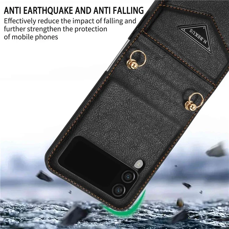 N.BEKUS Handyhülle für Samsung Galaxy Z Flip4 5G, stoßfest, Schutzhülle aus PU-Leder und Hartplastik mit Schlüsselband - Schwarz