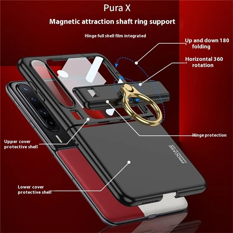 GKK Per Huawei Pura X Cover con Anello Supporto e Cerniera Magnetica in PC con Pellicole - Nero