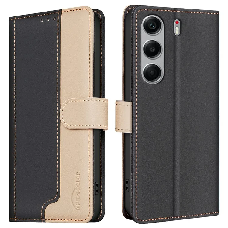BINFEN COLOR BF33 For TECNO Camon 40 4G Leather Case Splicing Color RFID Blocking Wallet Stand Phone Cover - Black