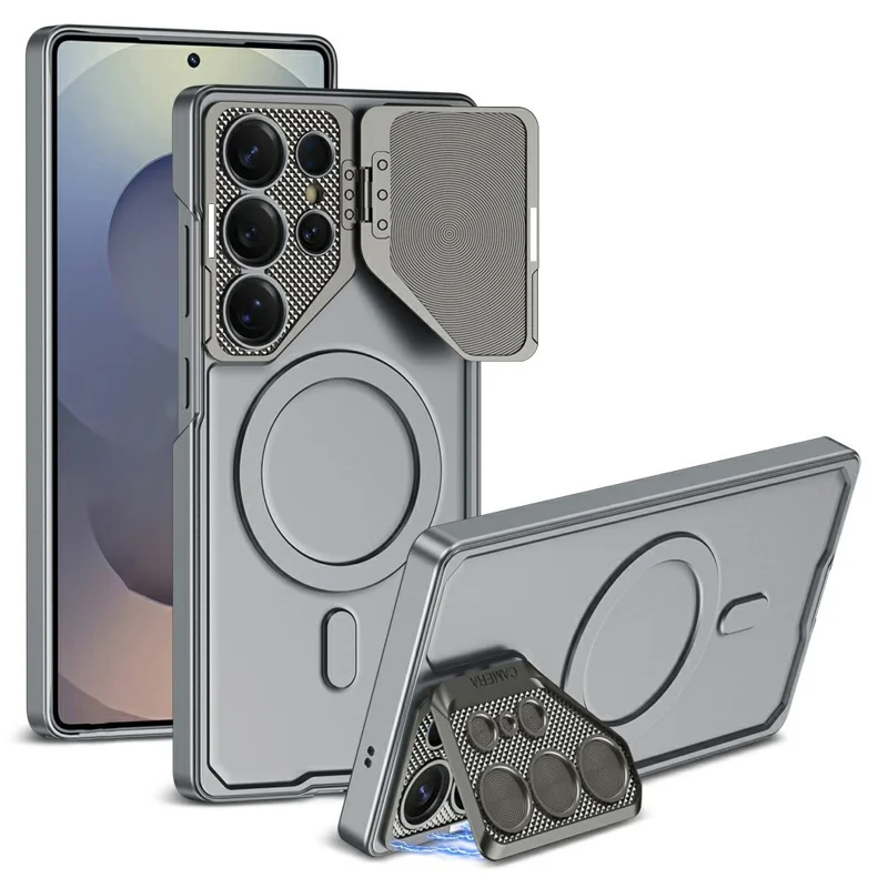 For Samsung Galaxy S25 Ultra Case Compatible with MagSafe Lens Protection Kickstand Ultra Thin Matte PC Phone Cover - Grey