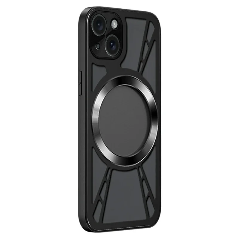 For iPhone 14 Magnetic Case Hollow Heat Dissipation PC + Silicone Phone Cover - Black